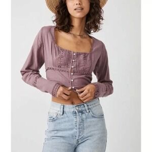 FREE PEOPLE Joi Purple Cropped Button Front Top Eyelet Long Sleeve Small‎ New